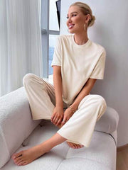 SLIT HEM TOP AND TIE WAIST TROUSERS LOUNGE SET