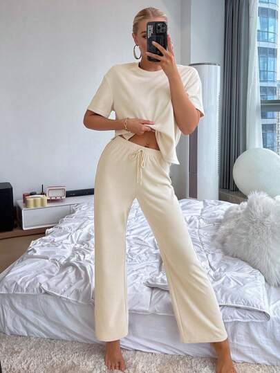 SLIT HEM TOP AND TIE WAIST TROUSERS LOUNGE SET