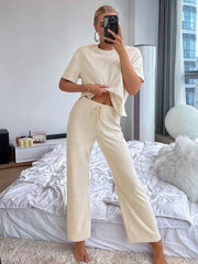 SLIT HEM TOP AND TIE WAIST TROUSERS LOUNGE SET