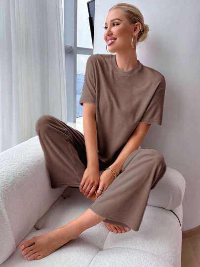 SLIT HEM TOP AND TIE WAIST TROUSERS LOUNGE SET