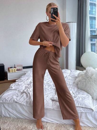 SLIT HEM TOP AND TIE WAIST TROUSERS LOUNGE SET