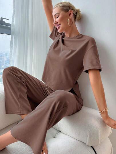 SLIT HEM TOP AND TIE WAIST TROUSERS LOUNGE SET