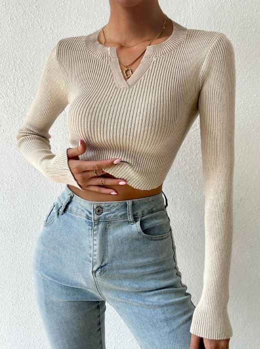 NOTCHED NECK RIBBED KNIT CROP TOP