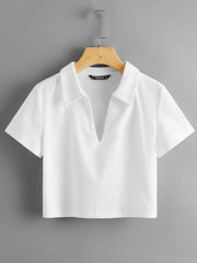 COLLARED V-NECK RIB-KNIT TEE