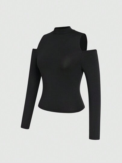 SOLID HIGH NECK CUT OUT DETAIL CROP TEE