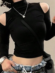 SOLID HIGH NECK CUT OUT DETAIL CROP TEE