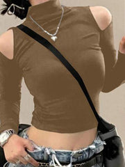 SOLID HIGH NECK CUT OUT DETAIL CROP TEE