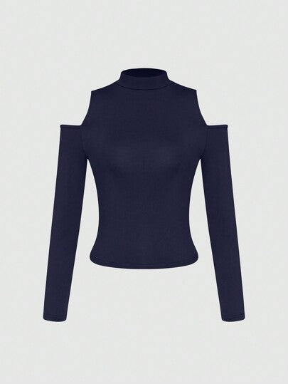 SOLID HIGH NECK CUT OUT DETAIL CROP TEE
