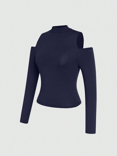 SOLID HIGH NECK CUT OUT DETAIL CROP TEE