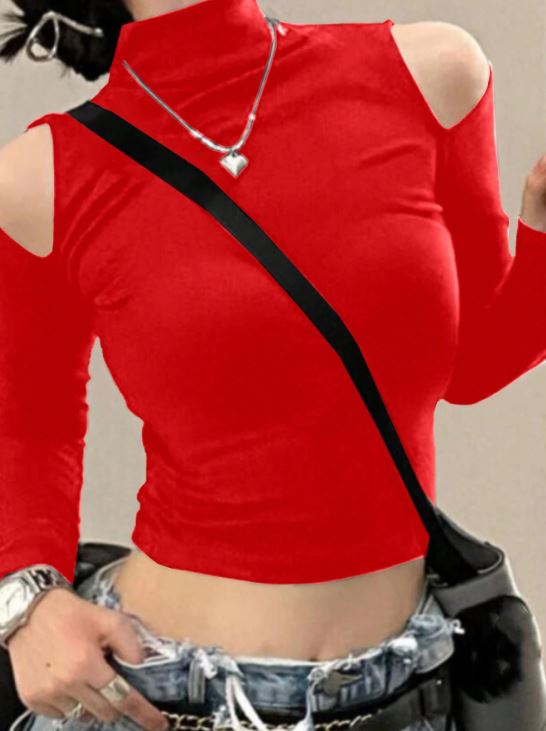 SOLID HIGH NECK CUT OUT DETAIL CROP TEE