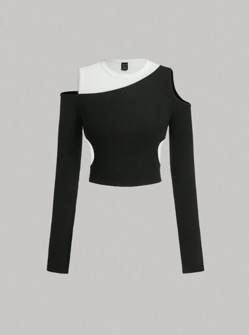 TWO TONE CUT OUT SHOULDER CROP TEE
