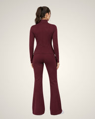WOMEN’S WINE ZIP-UP SPORTS JACKET & FLARED PANTS SET – 2 PIECE GYM WEAR TRACKSUIT