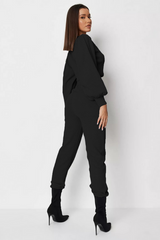 BLACK RIBBED WRAP FRONT CROP TOP & JOGGERS CO-ORD SET