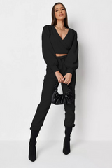 BLACK RIBBED WRAP FRONT CROP TOP & JOGGERS CO-ORD SET
