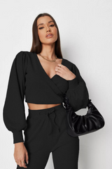 BLACK RIBBED WRAP FRONT CROP TOP & JOGGERS CO-ORD SET