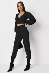 BLACK RIBBED WRAP FRONT CROP TOP & JOGGERS CO-ORD SET