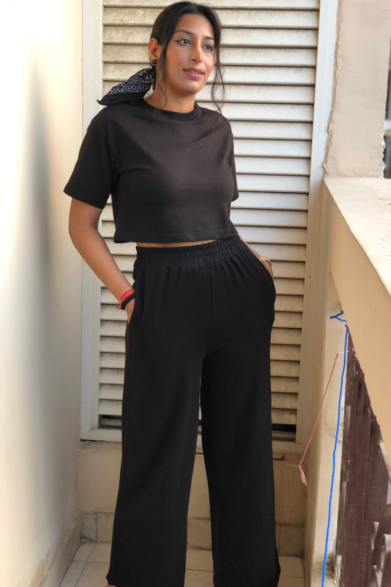 BLACK CROP TOP & WIDE LEG JOGGER CO ORD SET
