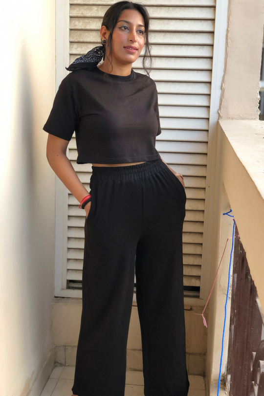 BLACK CROP TOP & WIDE LEG JOGGER CO ORD SET