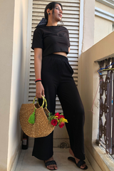 BLACK CROP TOP & WIDE LEG JOGGER CO ORD SET