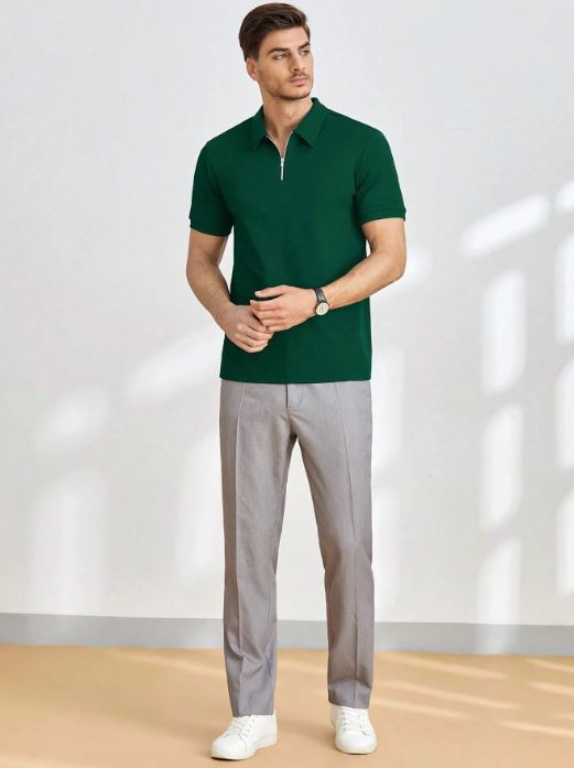 FOREST GREEN MEN SOLID QUARTER ZIP POLO SHIRT