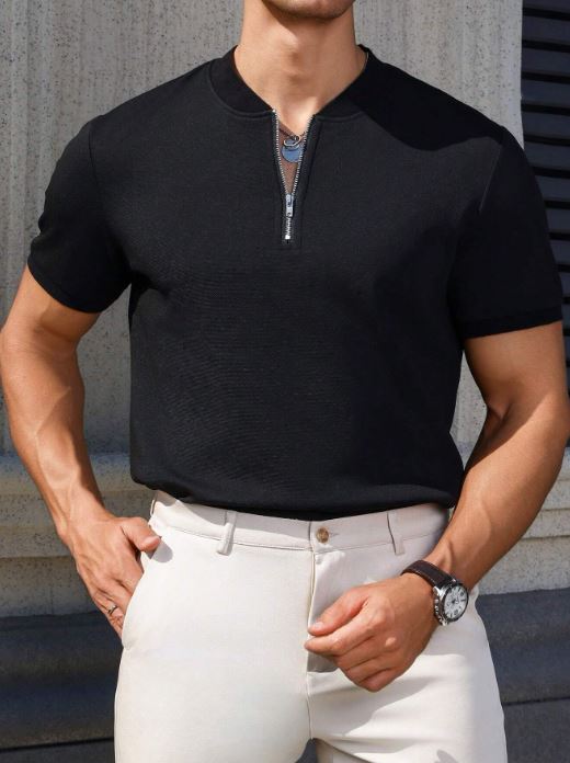 MEN'S SOLID COLOR ZIPPER FRONT POLO SHIRT
