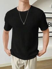 BLACK MEN SOLID RIBBED KNIT TEE