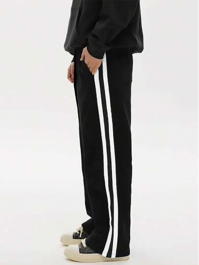 BLACK MEN'S COLOR BLOCK STRAIGHT STRIPED PANTS