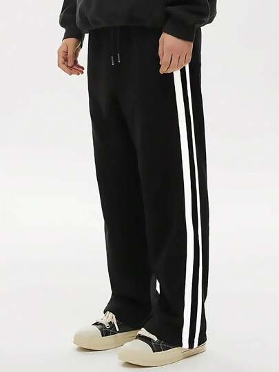 BLACK MEN'S COLOR BLOCK STRAIGHT STRIPED PANTS