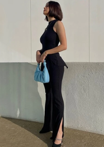 BLACK MOCK NECK SLIT HEM TANK TOP AND PANTS SET