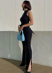 BLACK MOCK NECK SLIT HEM TANK TOP AND PANTS SET