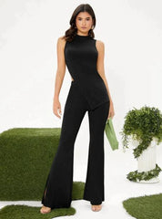 BLACK MOCK NECK SLIT HEM TANK TOP AND PANTS SET