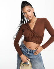 DARK BROWN CROSS OVER OFF SHOULDER BARDOT TOP WITH LONG SLEEVE