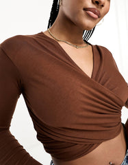 DARK BROWN CROSS OVER OFF SHOULDER BARDOT TOP WITH LONG SLEEVE