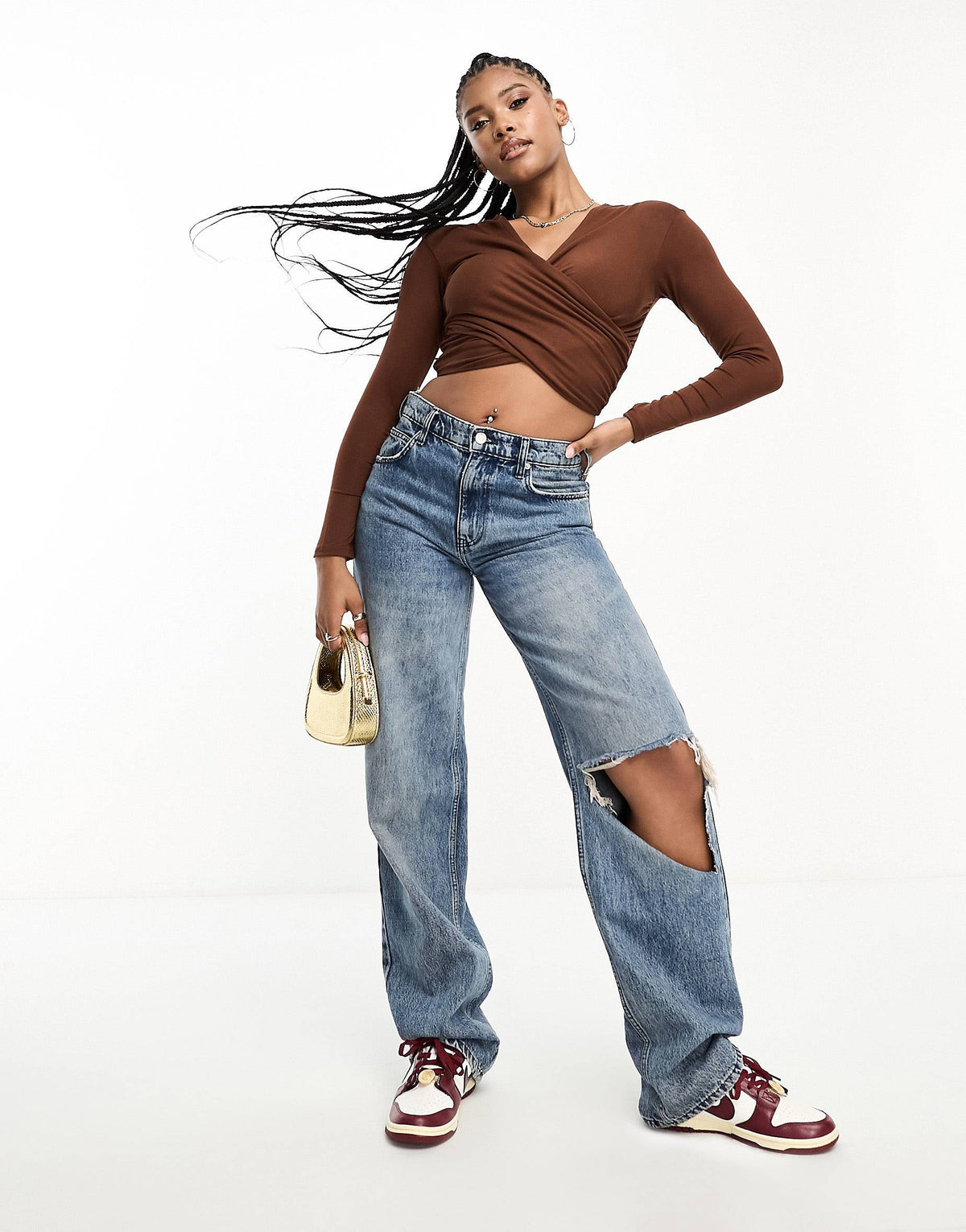 DARK BROWN CROSS OVER OFF SHOULDER BARDOT TOP WITH LONG SLEEVE