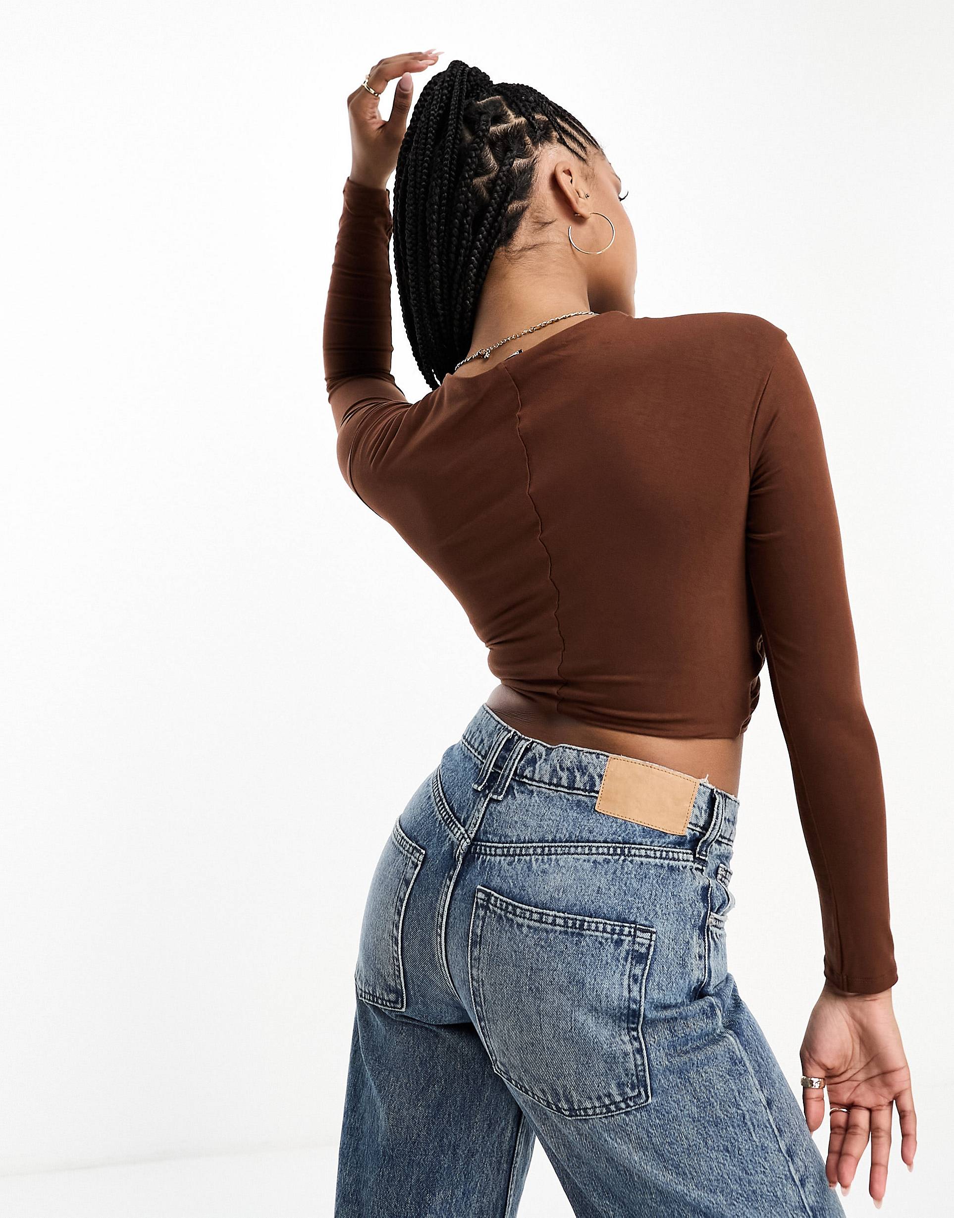 DARK BROWN CROSS OVER OFF SHOULDER BARDOT TOP WITH LONG SLEEVE