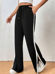 BLACK CONTRAST SIDE SEAM SPLIT HEM TIE WAIST SWEATPANTS