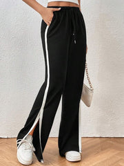 BLACK CONTRAST SIDE SEAM SPLIT HEM TIE WAIST SWEATPANTS