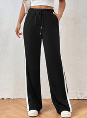 BLACK CONTRAST SIDE SEAM SPLIT HEM TIE WAIST SWEATPANTS