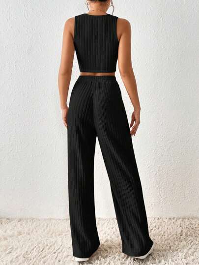 FRENCHY SOLID CROP TANK TOP & WIDE LEG TROUSERS