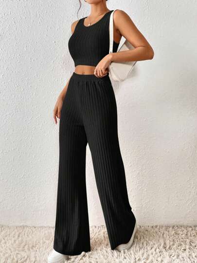 FRENCHY SOLID CROP TANK TOP & WIDE LEG TROUSERS