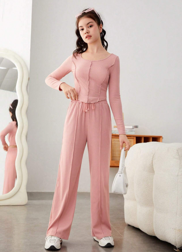 DUSTY PINK TEEN GIRL LETTUCE TRIM TOP & WIDE LEG PANTS SET