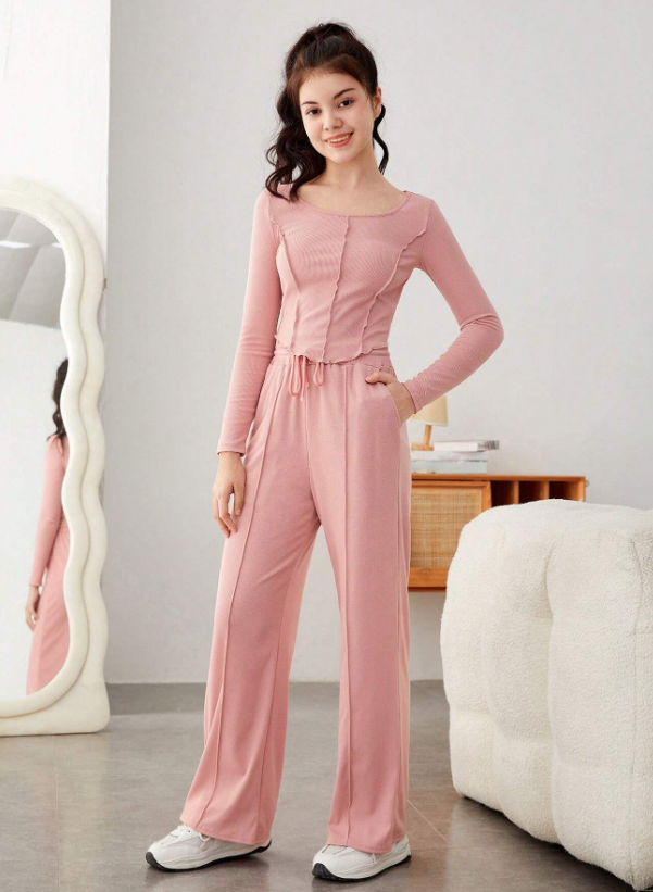 DUSTY PINK TEEN GIRL LETTUCE TRIM TOP & WIDE LEG PANTS SET
