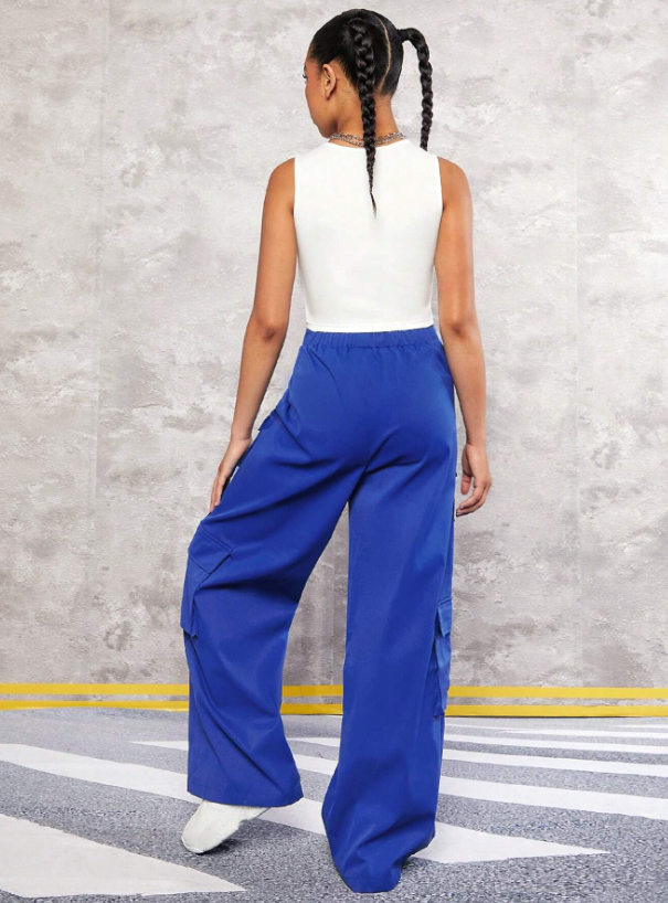 ROYAL BLUE TEEN GIRL SOLID TANK TOP & FLAP POCKET CARGO PANTS