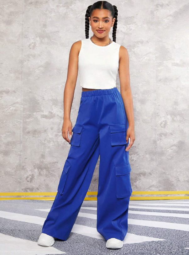 ROYAL BLUE TEEN GIRL SOLID TANK TOP & FLAP POCKET CARGO PANTS