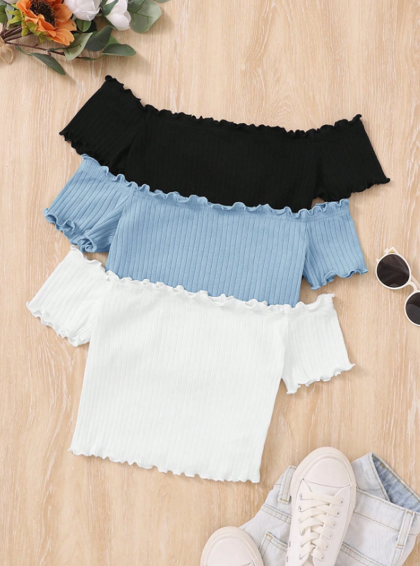 MULTICOLOR TEEN GIRL SET OF 3 PURE COLOR PIT STRIPED OFF SHOULDER