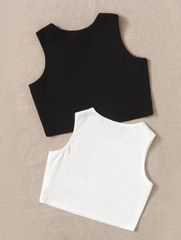 BLACK AND WHITE 2PCS TEEN GIRLS'HOLLOW OUT SHOULDER TANK TOP