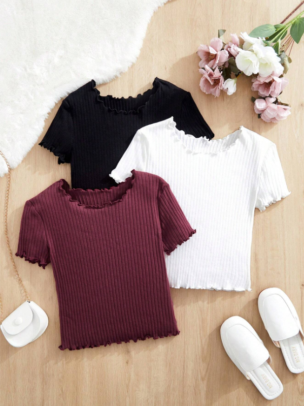 MULTICOLOR 3PCS/SET FLOUNCE COLLAR FITTED CASUAL T-SHIRT