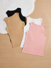 4PCS MULTICOLOR KNITTED SOLID COLOR SLIM FIT SLEEVELESS TANK TOP