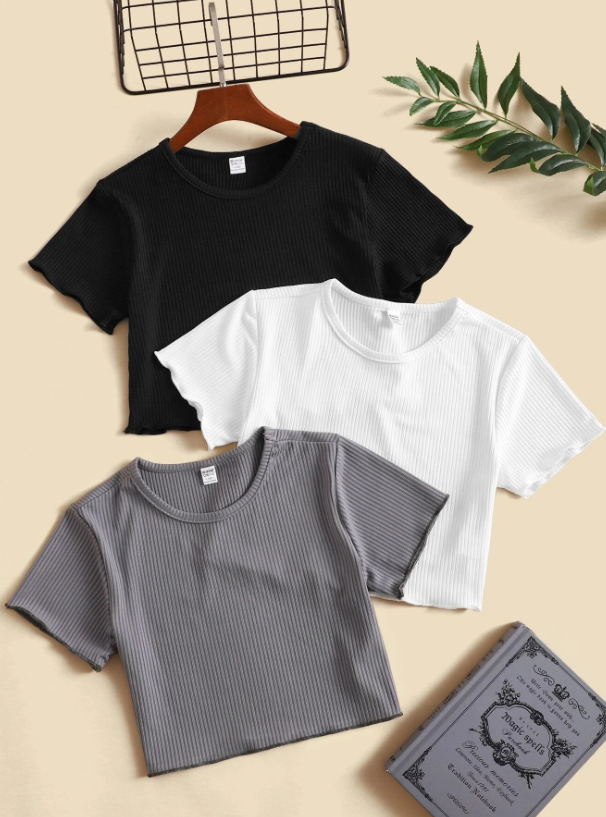 3PCS MULTICOLOR  LETTUCE TRIM RIBBED KNIT TEE