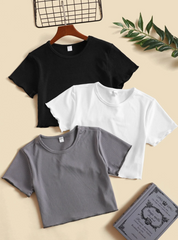 3PCS MULTICOLOR  LETTUCE TRIM RIBBED KNIT TEE